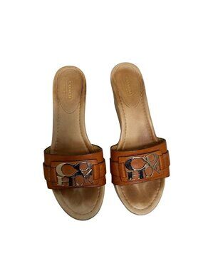 Coach Brown Leather Cork Wedge Sandals With Logo Detail Size 8.5B